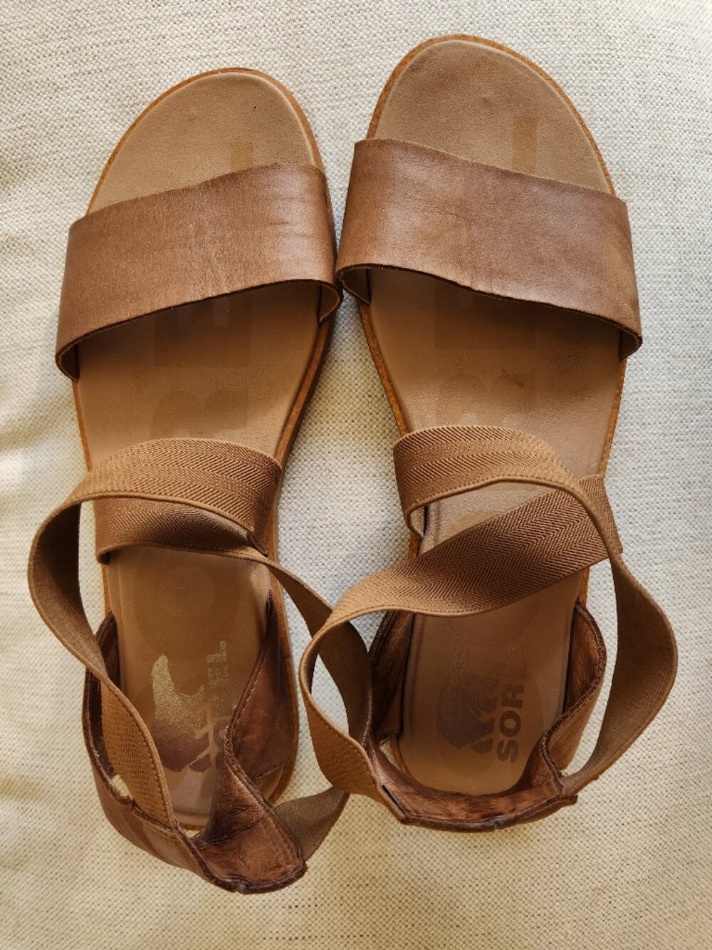 Sorel Ella Camel Leather and Gore Stretch Straps Sandals - Size 10